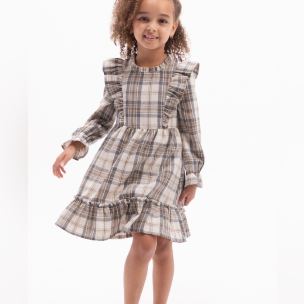 RARE EDITIONS long sleeve dress gray, beige, & tan with ruffles